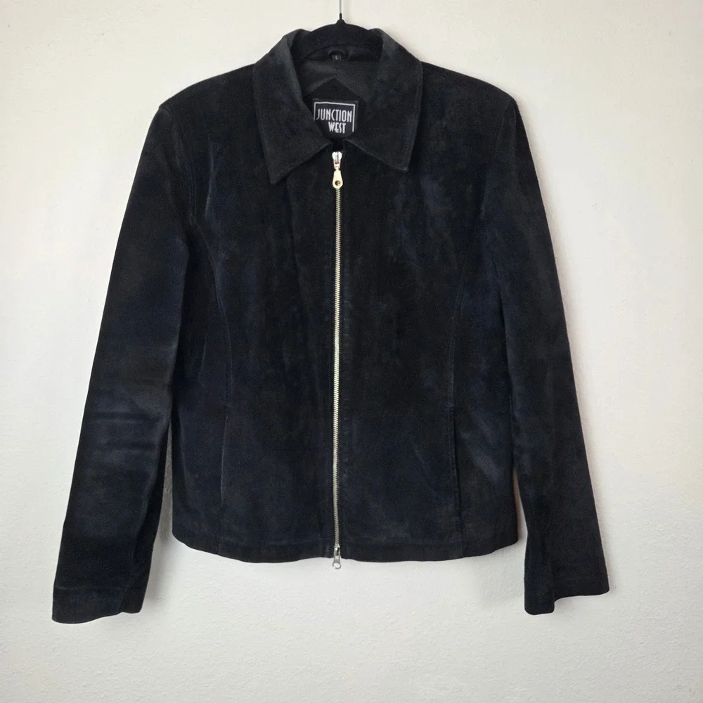 Junction West Women Black Suede Leather Jacket‎ Full Zip Minimalist Size L